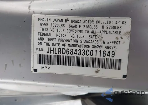 2003 Honda Cr-V Lx z USA, uszkodzony, nr VIN JHLRD68433C011649